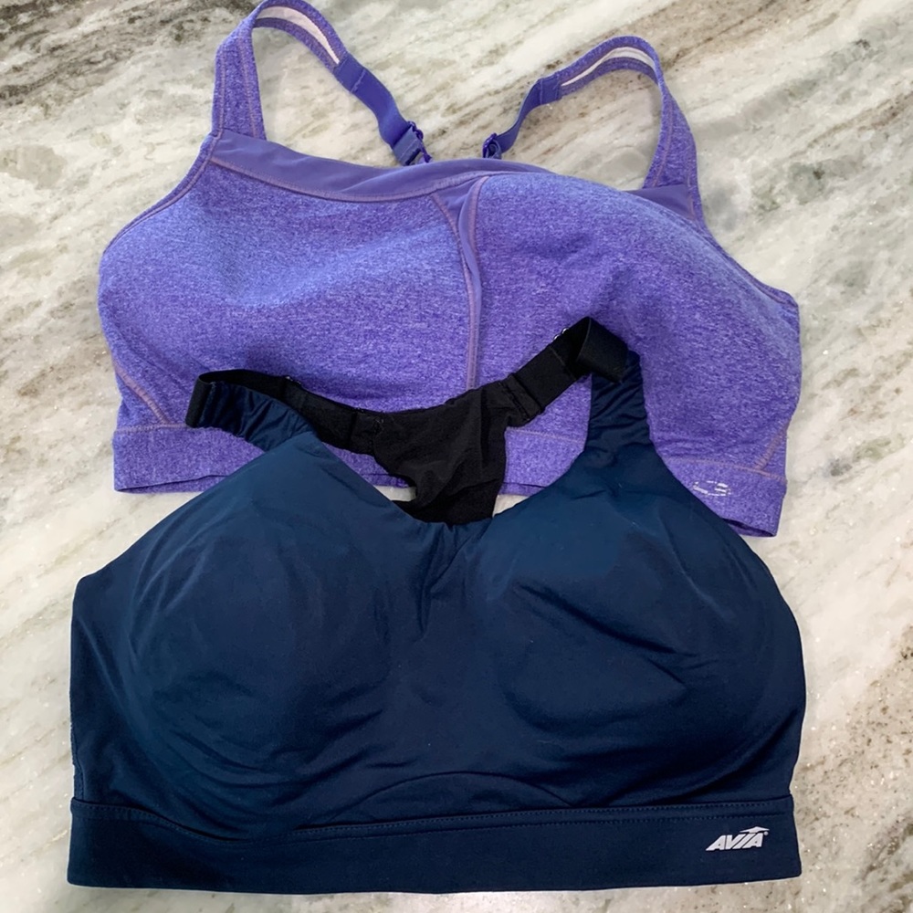 2 Sports bras. Navy/Black 36DD and Purple XL